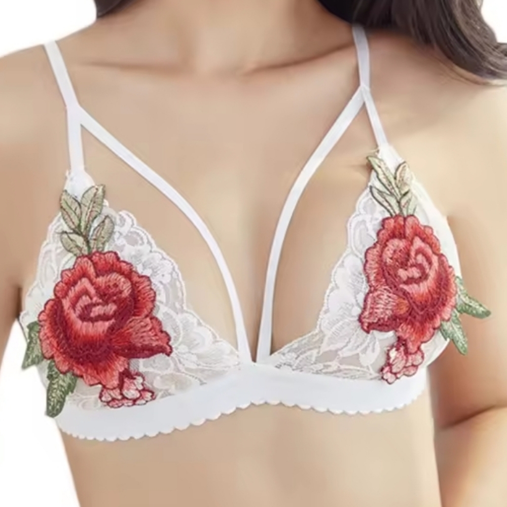 Floral Embroidered Lace Bralette - White and Red.  Size XXXL.